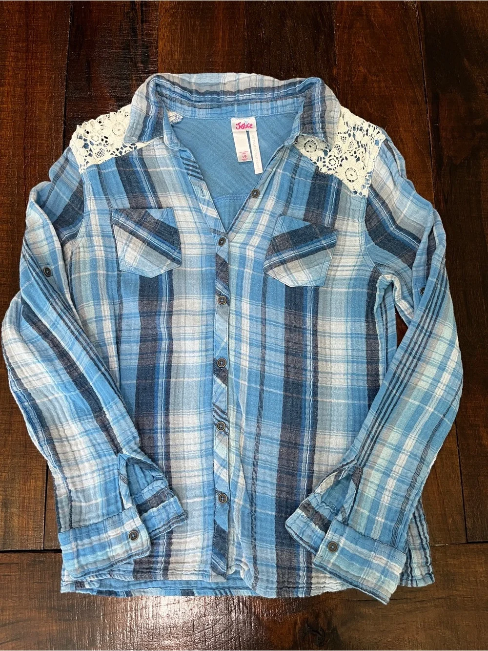 Justice Blue Plaid Button-Down Shirt with Lace Shoulders